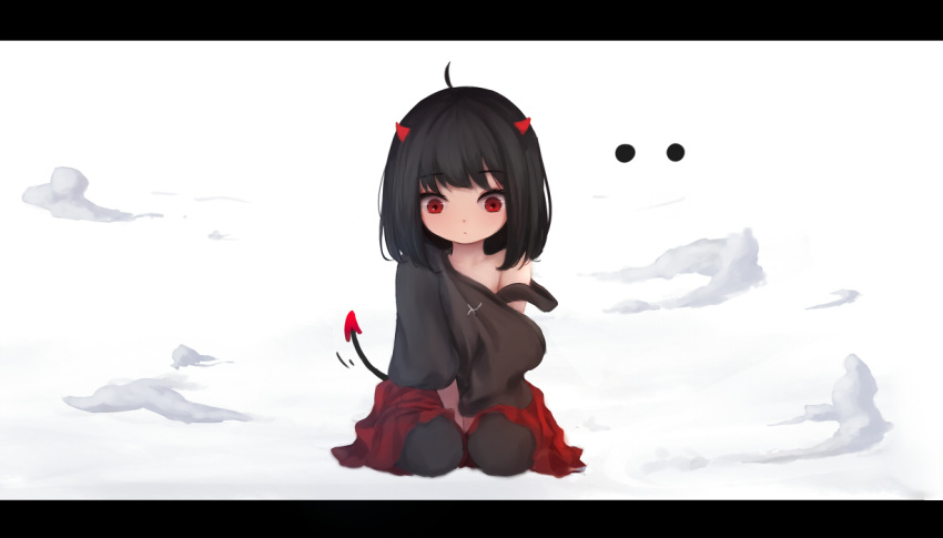 1girl age_regression ahoge bangs bare_shoulders between_legs black_hair black_legwear closed_mouth demon_girl demon_horns demon_tail eyebrows_visible_through_hair full_body hand_between_legs horns letterboxed long_hair off_shoulder original oversized_clothes oversized_shirt pleated_skirt red_eyes red_skirt seiza shimmer shirt simple_background sitting skirt smoke solo tail thigh-highs white_background younger
