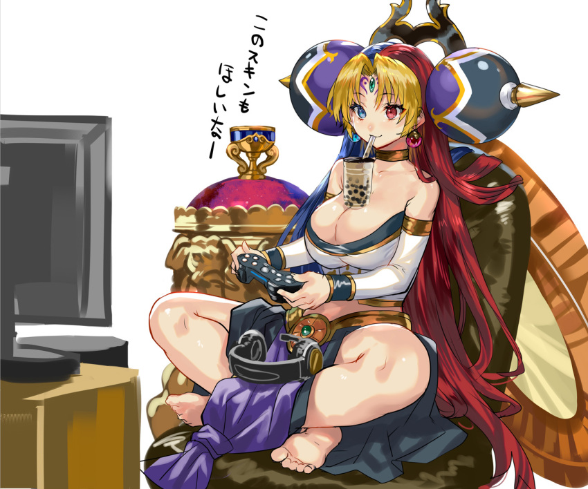 1girl balancile bangs barefoot blonde_hair blue_eyes blue_hair breasts brown_choker bubble_tea bubble_tea_challenge chair choker collarbone cup detached_sleeves disposable_cup drinking drinking_straw earrings eyebrows_visible_through_hair feet forehead_jewel forehead_tattoo hair_ornament headphones headphones_removed headset heterochromia highres holding_game_controller indian_style jewelry large_breasts long_hair looking_at_screen monitor object_on_breast parted_bangs pelvic_curtain ran'ou_(tamago_no_kimi) red_eyes redhead shinrabanshou shiny shiny_hair shiny_skin sidelocks sitting smirk soles solo strapless tattoo translated very_long_hair wireless