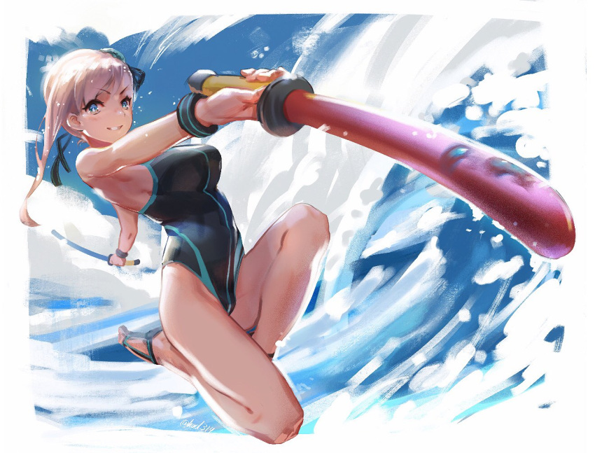 1girl asymmetrical_hair bikini black_swimsuit blue_eyes bun_cover competition_swimsuit fate/grand_order fate_(series) long_hair looking_at_viewer lynchis miyamoto_musashi_(swimsuit_berserker)_(fate) one-piece_swimsuit parted_lips perspective pink_hair sandals side-tie_bikini smile solo swimsuit sword waving weapon