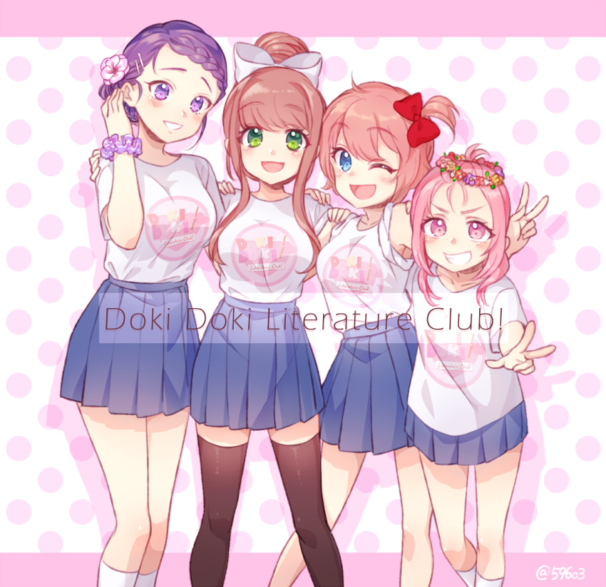4girls ;d alternate_hairstyle black_legwear blue_eyes blue_skirt bow braid brown_hair commentary_request copyright_name doki_doki_literature_club english_text eyebrows_visible_through_hair flower girl_sandwich green_eyes grin hair_bow hair_flower hair_ornament hairclip hand_on_another's_shoulder head_wreath kneehighs leaning_forward looking_at_viewer monika_(doki_doki_literature_club) multiple_girls nan natsuki_(doki_doki_literature_club) one_eye_closed open_mouth parted_lips pink_background pink_eyes pink_hair pleated_skirt polka_dot polka_dot_background purple_hair red_bow romaji_text sandwiched sayori_(doki_doki_literature_club) scrunchie shirt silhouette skirt sleeves_rolled_up smile standing thigh-highs twitter_username v violet_eyes w white_bow white_legwear white_shirt wrist_scrunchie yuri_(doki_doki_literature_club)