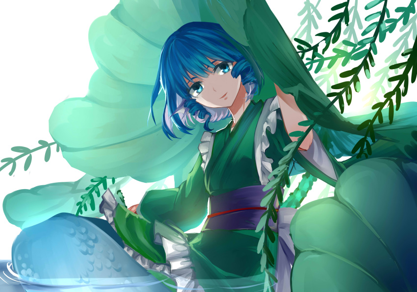 1girl absurdres bangs blue_eyes blue_hair blue_sash chinese_commentary commentary_request drill_hair drill_locks fengji_ya_yinjun green_kimono hand_up head_fins head_tilt highres japanese_clothes kimono long_sleeves looking_at_viewer mermaid monster_girl obi parted_lips petticoat plant sash short_hair simple_background smile solo touhou wakasagihime water white_background wide_sleeves