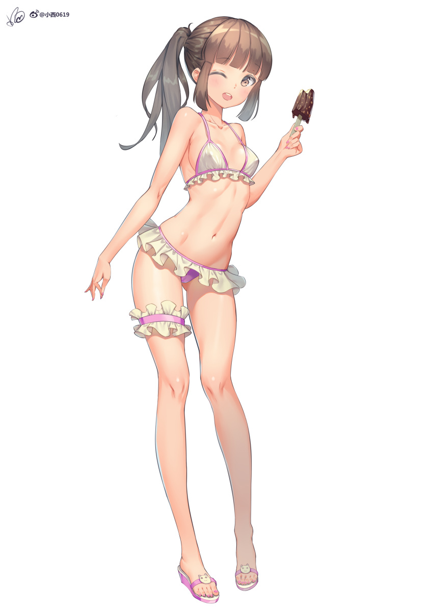 1girl absurdres bangs bare_arms bikini bikini_skirt blunt_bangs breasts brown_eyes brown_hair chinese_commentary collarbone commentary_request contrapposto covered_nipples fingernails food frilled_bikini frills full_body highres holding holding_food konishi_(565112307) leg_garter looking_at_viewer medium_breasts medium_hair midriff nail_polish navel one_eye_closed open_mouth original pink_footwear pink_nails ponytail popsicle purple_bikini_bottom round_teeth sandals sidelocks signature simple_background smile solo standing swimsuit teeth toenail_polish toenails white_background white_bikini_top
