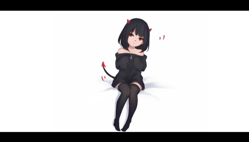 1girl bangs bare_shoulders bed_sheet black_hair black_legwear black_shirt closed_mouth collarbone demon_girl demon_horns demon_tail eyebrows_visible_through_hair full_body horns leaning_to_the_side letterboxed long_sleeves no_shoes off_shoulder original oversized_clothes oversized_shirt red_eyes shimmer shirt sitting sleeves_past_fingers sleeves_past_wrists solo tail thigh-highs