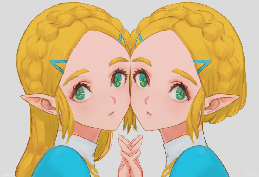 2girls blonde_hair braid cheek-to-cheek commentary dual_persona english_commentary ex-trident from_side green_eyes grey_background hair_ornament hairclip holding_hands long_hair looking_at_viewer multiple_girls parted_lips pointy_ears portrait princess_zelda short_hair simple_background the_legend_of_zelda the_legend_of_zelda:_breath_of_the_wild the_legend_of_zelda:_breath_of_the_wild_2
