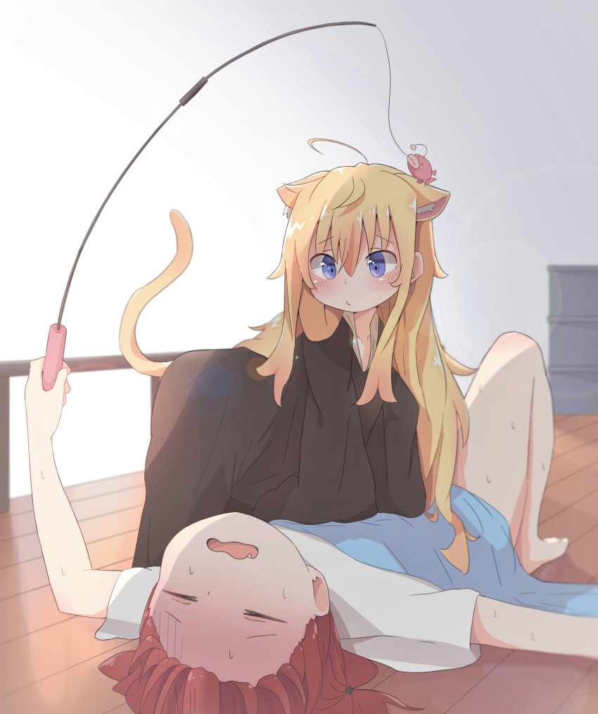 2girls :/ ahoge all_fours anglerfish animal_ears barefoot blanket blush cat_ears cat_tail cat_teaser closed_eyes closed_mouth collarbone commentary_request eyebrows_visible_through_hair fang furrowed_eyebrows gabriel_dropout girls_und_panzer gloom_(expression) highres holding kemonomimi_mode kurumizawa_satanichia_mcdowell long_hair lying multiple_girls on_back on_floor open_mouth piyomi redhead shirt short_sleeves sweat tail tenma_gabriel_white very_long_hair white_shirt wooden_floor