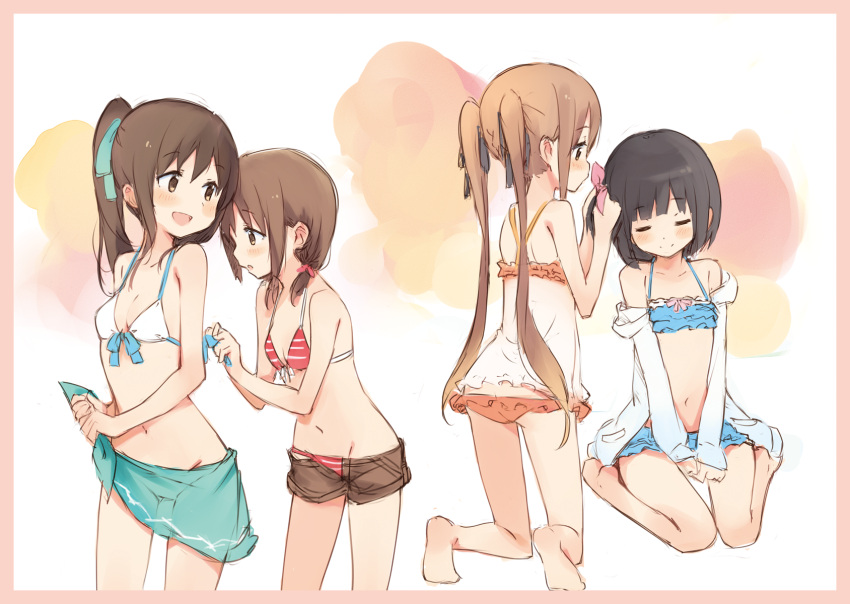 4girls :d :o bangs bare_arms bare_legs bare_shoulders barefoot bikini bikini_under_clothes black_hair blue_bikini blush border brown_bikini brown_border brown_hair brown_shorts closed_eyes closed_mouth collarbone eyebrows_visible_through_hair green_ribbon groin hair_between_eyes hair_over_shoulder hair_ribbon high_ponytail highres jacket kneeling kyuri long_hair looking_back low_twintails multiple_girls navel off_shoulder open_clothes open_fly open_jacket open_mouth open_shorts original parted_lips pink_ribbon ponytail profile red_bikini ribbon sarong see-through short_shorts short_twintails shorts sitting smile soles striped striped_bikini swimsuit twintails very_long_hair wariza white_bikini_top white_jacket