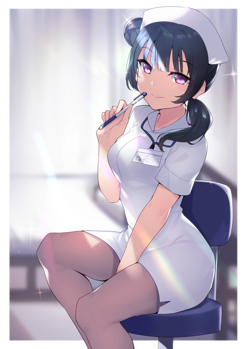 1girl bangs between_legs black_legwear blue_hair blurry blurry_background character_name commentary_request dress hand_between_legs hat highres holding holding_pen long_hair looking_at_viewer love_live! love_live!_sunshine!! low_ponytail name_tag nurse nurse_cap pantyhose pen pen_to_mouth short_sleeves side_bun side_ponytail side_slit sitting smile solo swivel_chair tsushima_yoshiko white_dress yamaori_(yamaorimon)