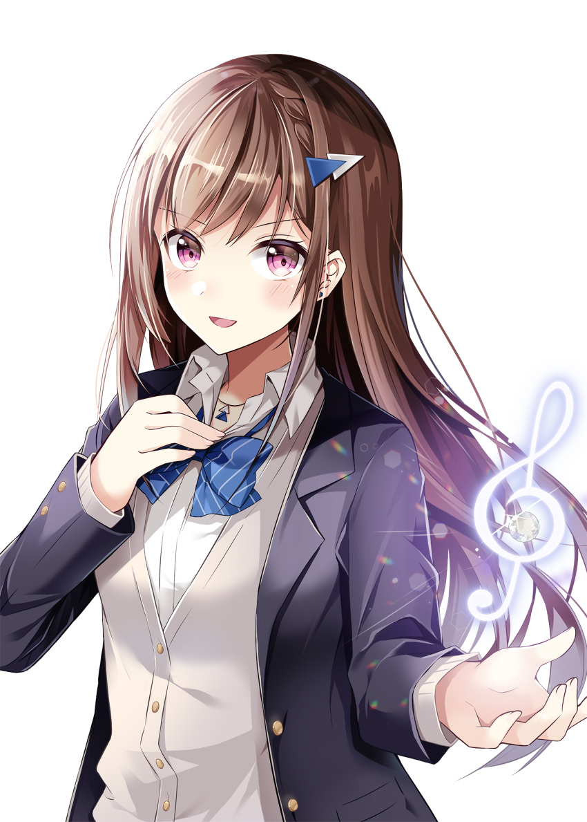 1girl :d bangs black_jacket blazer blue_bow blush bow brown_hair cardigan cocoa_music collared_shirt commentary_request diagonal_stripes doumyouji_cocoa dress_shirt earrings eyebrows_visible_through_hair fingernails glowing grey_cardigan hair_ornament hand_up highres jacket jewelry long_hair long_sleeves looking_at_viewer official_art open_blazer open_clothes open_jacket open_mouth shiro_kuma_shake shirt simple_background smile solo striped striped_bow stud_earrings treble_clef v-shaped_eyebrows very_long_hair violet_eyes virtual_youtuber white_background white_shirt