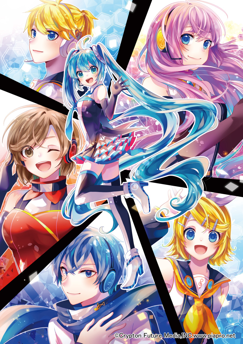 2boys 4girls absurdres aqua_eyes aqua_hair aqua_neckwear bare_shoulders bass_clef black_collar black_legwear blonde_hair blue_eyes blue_hair blue_scarf brown_eyes brown_hair coat collar commentary_request crypton_future_media elbow_gloves gloves hair_ornament hand_on_headphones hand_up hatsune_miku headphones headset highres kagamine_len kagamine_rin kaito layered_skirt leg_up long_hair looking_at_viewer megurine_luka meiko microphone multiple_boys multiple_girls neckerchief necktie official_art partial_commentary pink_hair sailor_collar scarf school_uniform shirayuki_towa shirt short_hair skirt sleeveless sleeveless_shirt smile symbol_in_eye thigh-highs treble_clef twintails very_long_hair vocaloid waving white_coat white_shirt zettai_ryouiki