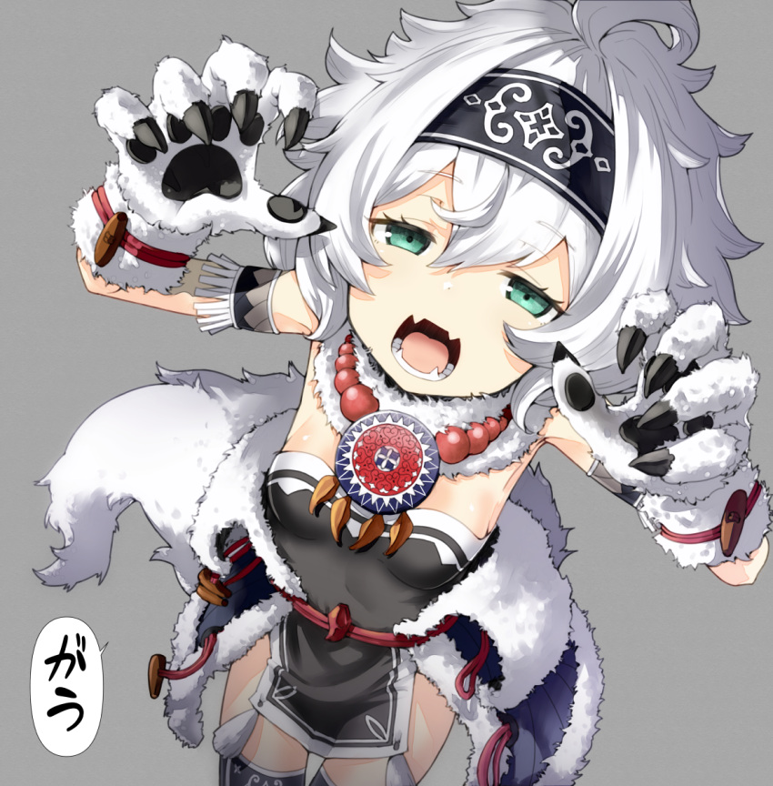1girl beads breasts commentary_request cowboy_shot eyebrows_visible_through_hair fangs gloves green_eyes grey_background hachimitsucoffee hair_between_eyes hairband highres looking_at_viewer open_mouth paw_gloves paws sennen_sensou_aigis simple_background skin_fangs solo speech_bubble teeth white_gloves white_hair