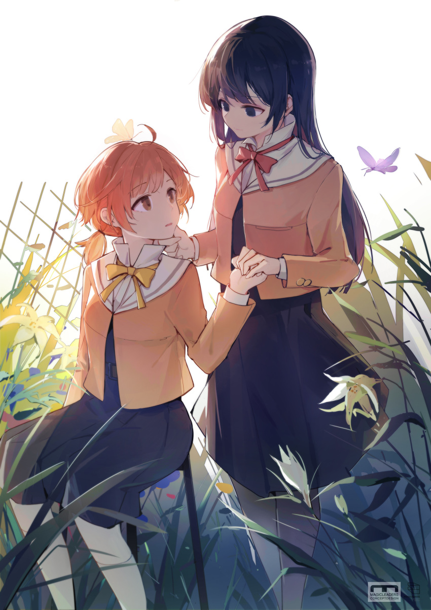 2girls absurdres ahoge belt black_eyes black_hair black_skirt brown_eyes brown_hair bug butterfly butterfly_on_head eye_contact flower grey_legwear hand_on_another's_cheek hand_on_another's_face highres insect invisible_chair koito_yuu lily_(flower) long_hair long_sleeves looking_at_another luozhou_pile multiple_girls nanami_touko orange_hair outdoors school_uniform short_hair short_twintails sitting skirt standing twintails very_long_hair watermark white_legwear white_sky yagate_kimi_ni_naru yellow_neckwear yuri