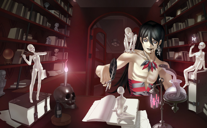 1boy black_hair black_sclera blood blood_from_mouth book bookshelf bug bust_(sculpture) butterfly candle collarbone doll doll_hug grey_eyes grin highres indoors insect instrument jewelry kazuma_kaneko_(style) lipstick long_hair makeup music necklace original parody playing_instrument quill red_eyes ring single_earring skull skull_ring smile snake solid_eyes style_parody topless user_rukn3744 vial violin