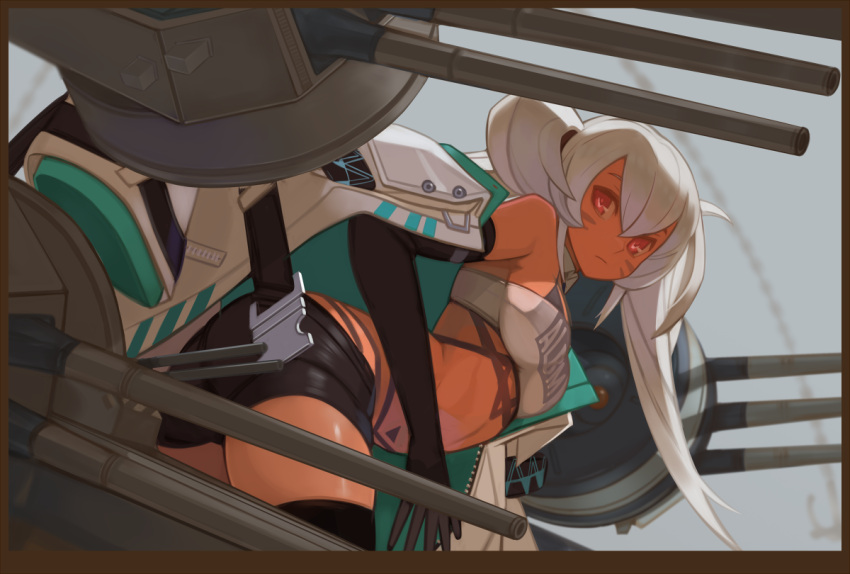 1girl alabama_(azur_lane) azur_lane bangs black_gloves black_legwear black_shorts bodypaint commentary_request dark_skin detached_collar elbow_gloves expressionless facepaint from_behind gloves hair_between_eyes jacket jacket_on_shoulders leaning_forward long_hair looking_at_viewer red_eyes rigging short_shorts shorts solo strapless teke_(exploration) thigh-highs tubetop twintails twisted_torso very_long_hair white_hair