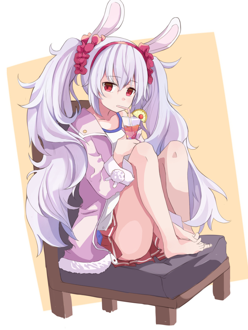 1girl absurdres amco animal_ears azur_lane bangs bare_legs barefoot chair collarbone commentary cup disposable_cup drinking drinking_straw drinking_straw_in_mouth eyebrows_visible_through_hair feet feet_on_chair food fruit hair_between_eyes hairband highres jacket knees_up laffey_(azur_lane) lavender_hair lemon lemon_slice long_hair looking_at_viewer pink_jacket pleated_skirt rabbit_ears red_eyes red_skirt sidelocks sitting skirt twintails very_long_hair