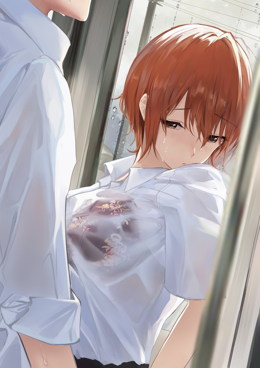 1boy 1girl absurdres against_window akito_(d30n26) bra_through_clothes breasts brown_eyes collared_shirt commentary_request highres large_breasts looking_away orange_hair original shirt short_hair short_sleeves solo_focus water_drop wet wet_clothes wet_shirt white_shirt window