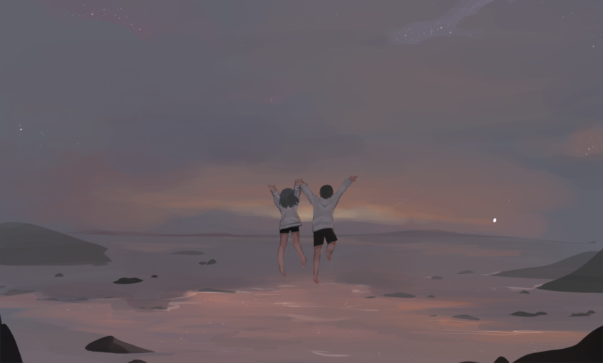 1boy 1girl arms_up barefoot black_hair black_shorts clouds cloudy_sky commentary dokomon english_commentary facing_away from_behind holding_hands horizon long_hair long_sleeves original outdoors running shirt short_shorts shorts sky star_(sky) starry_sky sunset water white_shirt