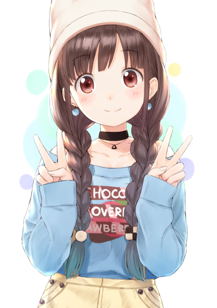 1girl bangs bare_shoulders bashosho beanie black_choker blue_shirt blush braid brown_eyes brown_hair brown_pants choker closed_mouth clothes_writing collarbone commentary_request double_v earrings eyebrows_visible_through_hair fingernails hair_ornament hands_up hat highres idolmaster idolmaster_shiny_colors jewelry long_hair long_sleeves low_twintails off-shoulder_shirt off_shoulder pants shirt sleeves_past_wrists smile solo sonoda_chiyoko twin_braids twintails upper_body v white_headwear