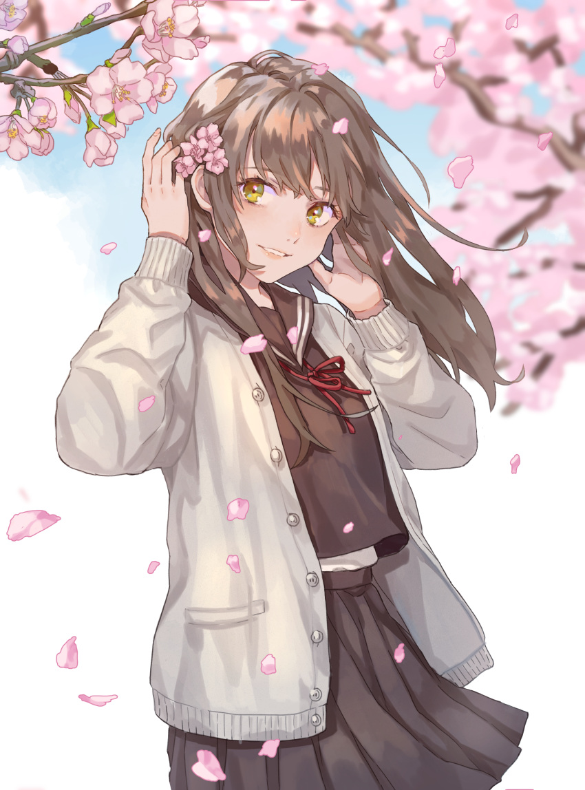 1girl absurdres arm_up bangs blue_sky blurry blurry_background blush brown_eyes brown_hair brown_sailor_collar brown_serafuku brown_shirt brown_skirt cherry_blossoms commentary_request day depth_of_field eyebrows_visible_through_hair flower grey_jacket hand_up head_tilt highres jacket long_hair long_sleeves neck_ribbon open_clothes open_jacket original parted_lips petals pink_flower pleated_skirt red_ribbon ribbon sailor_collar saino school_uniform serafuku shirt skirt sky solo tree_branch white_background