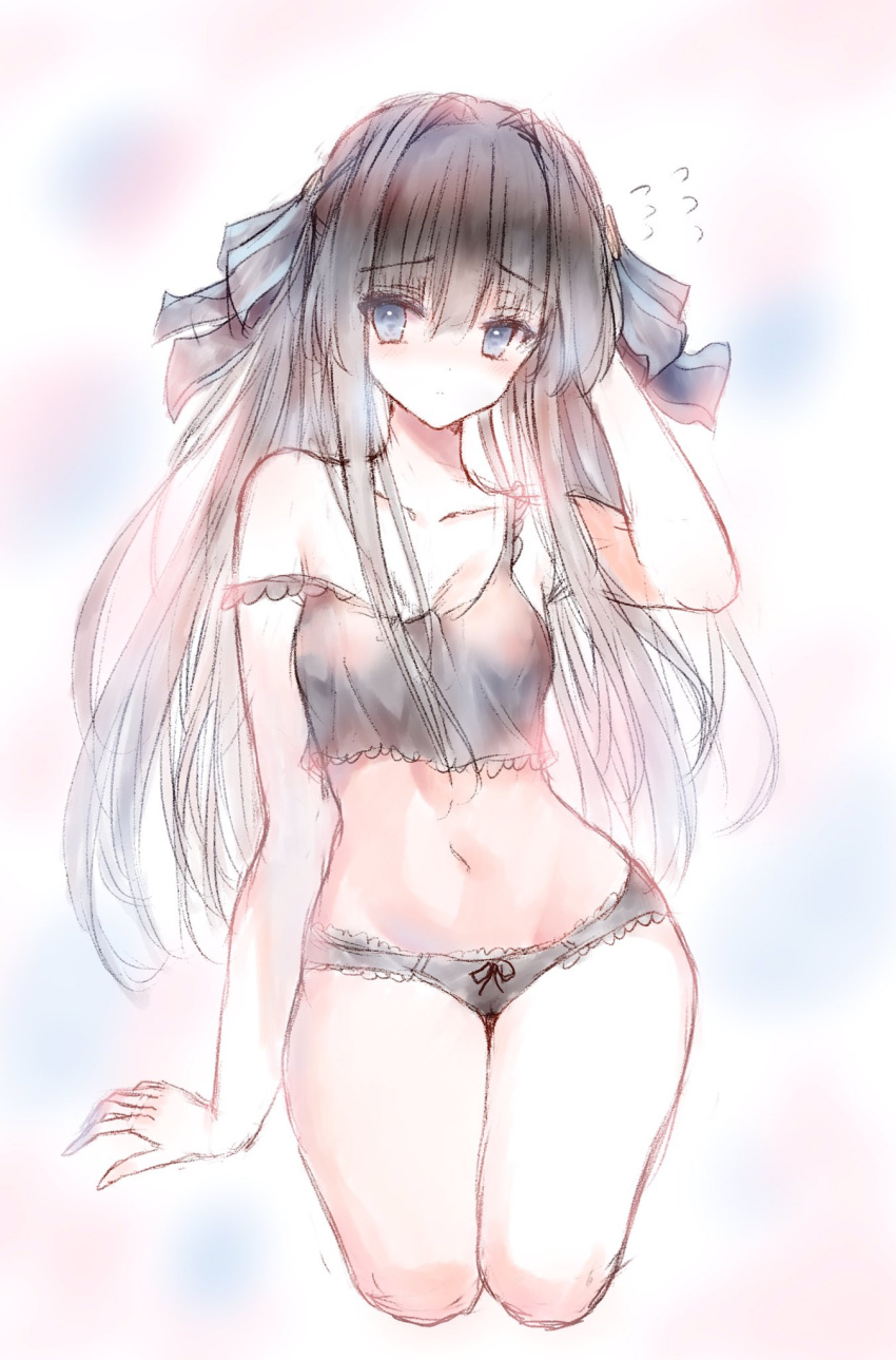 1girl arcaea arm_support arm_up bangs bare_arms barefoot black_bow black_camisole black_hair black_panties blue_eyes blush bow bow_panties breasts camisole collarbone commentary crop_top eyebrows_visible_through_hair flying_sweatdrops full_body hair_between_eyes hair_bow hair_intakes highres long_hair medium_breasts navel panties seiza sitting sketch solo strap_slip striped striped_bow tairitsu_(arcaea) tandohark underwear very_long_hair