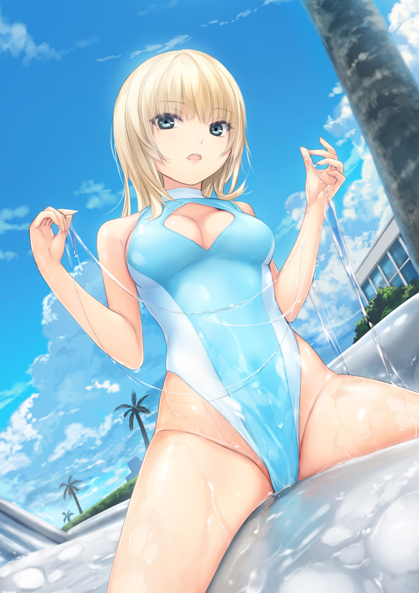 1girl bare_shoulders blonde_hair blue_sky blue_swimsuit breasts building bush cleavage_cutout clouds coffee-kizoku commentary_request competition_swimsuit day eyebrows_visible_through_hair groin hands_up highleg highleg_swimsuit highres long_hair lotion medium_breasts one-piece_swimsuit open_mouth original outdoors skindentation sky solo straddling swimsuit thighs tree wet
