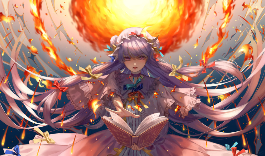 1girl book choker crescent crescent_moon_pin dress fireball gem hair_ribbon hat hat_ribbon highres long_hair mob_cap open_mouth patchouli_knowledge purple_hair ribbon royal_flare solo spell_card touhou violet_eyes ze_xia