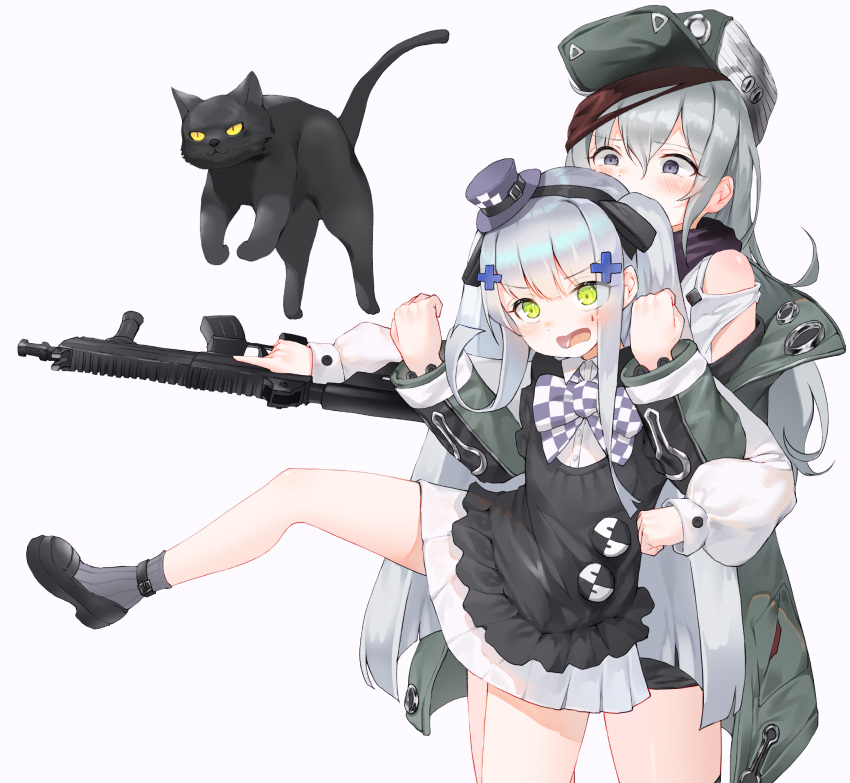 2girls animal apron bangs black_apron black_cat black_footwear black_hairband black_shorts blush cat collared_shirt dress_shirt eyebrows_visible_through_hair facial_mark flat_cap frilled_apron frills g11_(girls_frontline) girls_frontline green_eyes green_headwear green_jacket grey_eyes grey_legwear hair_ornament hairband hat highres hk416_(girls_frontline) jacket lee_seok_ho long_hair long_sleeves mini_hat multiple_girls open_clothes open_jacket open_mouth pleated_skirt purple_headwear ribbed_legwear shirt shoes short_shorts shorts silver_hair simple_background skirt socks standing standing_on_one_leg tilted_headwear very_long_hair white_background white_shirt white_skirt