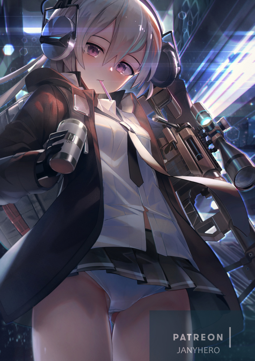1girl bangs black_coat black_neckwear bolt_action can cheytac_m200 coat collared_shirt cowboy_shot drinking_straw eyebrows_visible_through_hair girls_frontline gloves gun hair_between_eyes headphones highres holding holding_can hooded_coat jacket janyhero looking_at_viewer m200_(girls_frontline) mouth_hold necktie night open_clothes open_coat panties patreon_username pleated_skirt ponytail rifle scope shirt sidelocks silver_hair skirt sniper_rifle solo underwear untucked_shirt violet_eyes weapon white_panties white_shirt