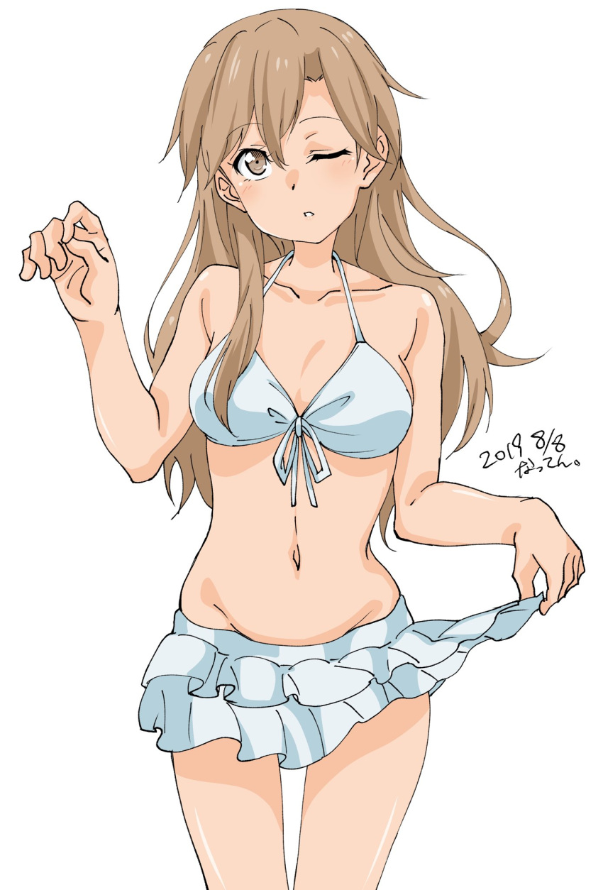 1girl arashio_(kantai_collection) artist_name bikini bikini_skirt breasts brown_eyes brown_hair collarbone commentary_request cowboy_shot dated frilled_skirt frills front-tie_top groin highres kantai_collection long_hair looking_at_viewer maonatten medium_breasts navel one_eye_closed parted_lips simple_background skirt solo standing swimsuit white_background white_bikini