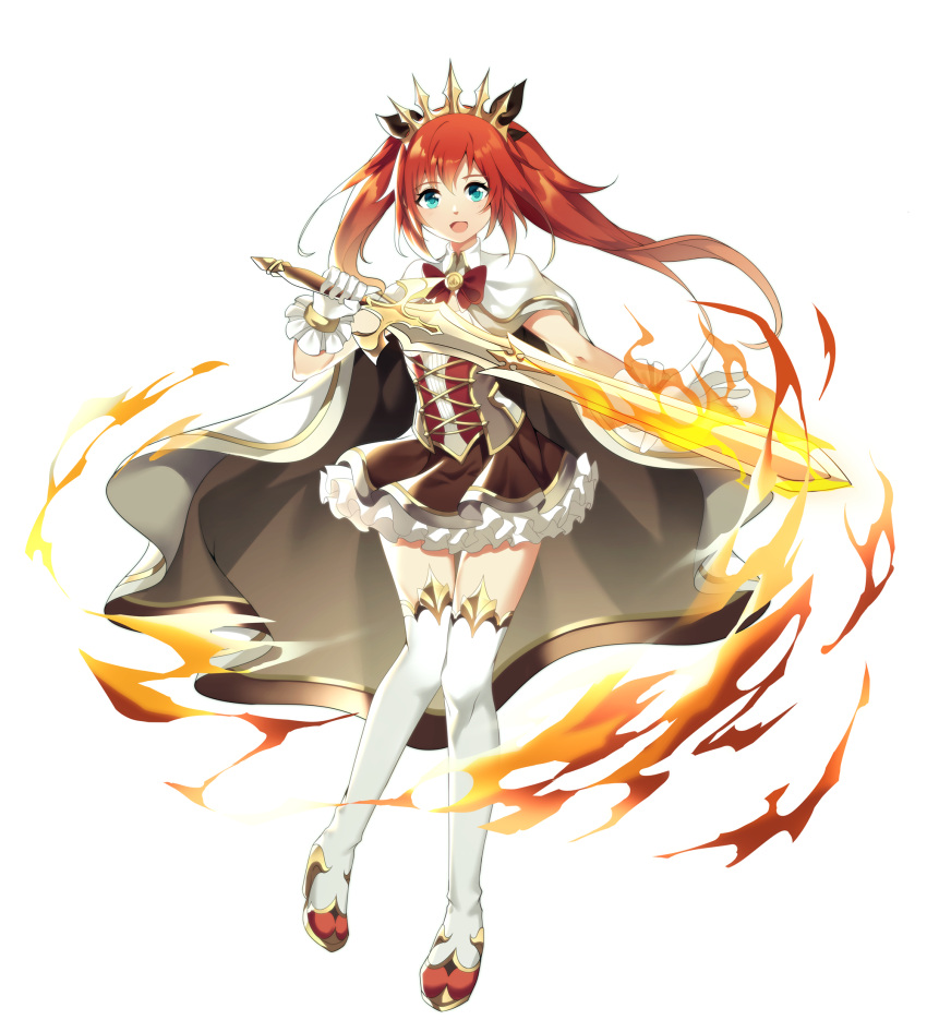 1girl :d black_ribbon blue_eyes boots brown_cape brown_skirt cape commentary fire flaming_sword frilled_skirt frills full_body gloves hair_ribbon highres holding holding_sword holding_weapon long_hair multicolored multicolored_cape multicolored_clothes open_mouth original pleated_skirt redhead ribbon shirt simple_background skirt smile solo sword symbol_commentary thigh-highs thigh_boots tiara twintails weapon white_background white_cape white_footwear white_gloves white_legwear white_shirt xianguang