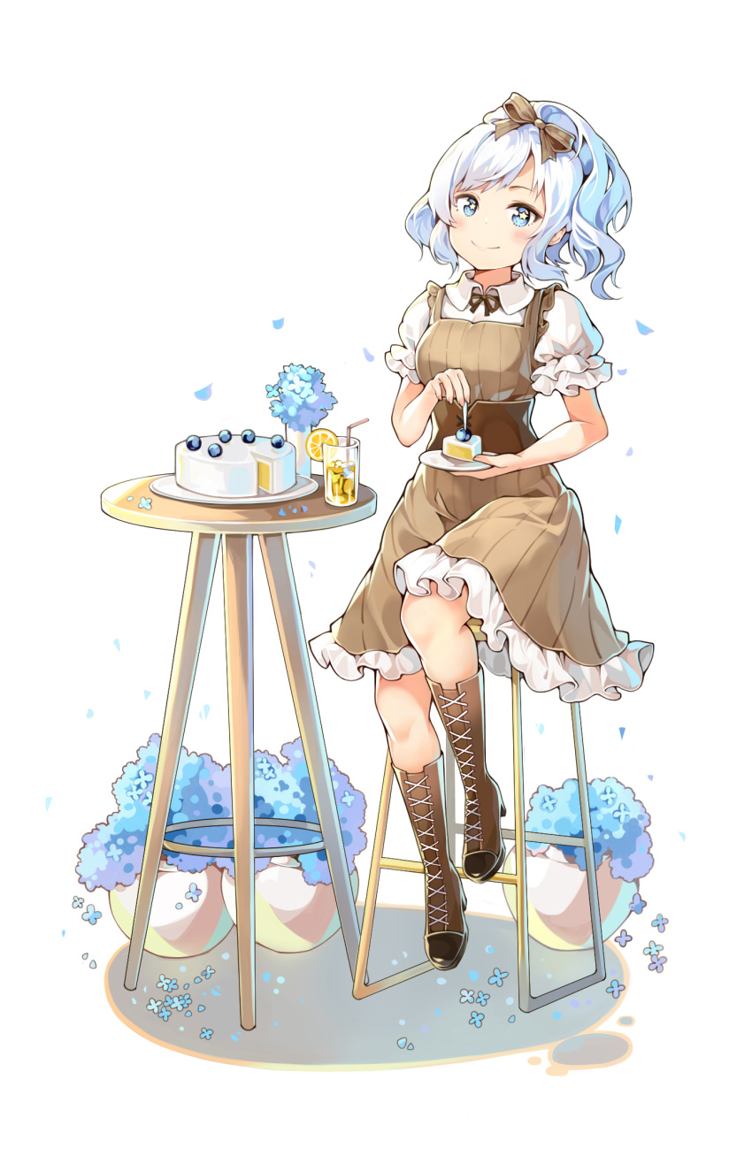1girl alternate_costume blue_eyes blue_hair blush boots breasts cake chair commentary_request food full_body hair_ribbon highres juno_(warship_girls_r) plant plate pot ribbon simple_background sitting situmey small_breasts smile solo warship_girls_r white_background