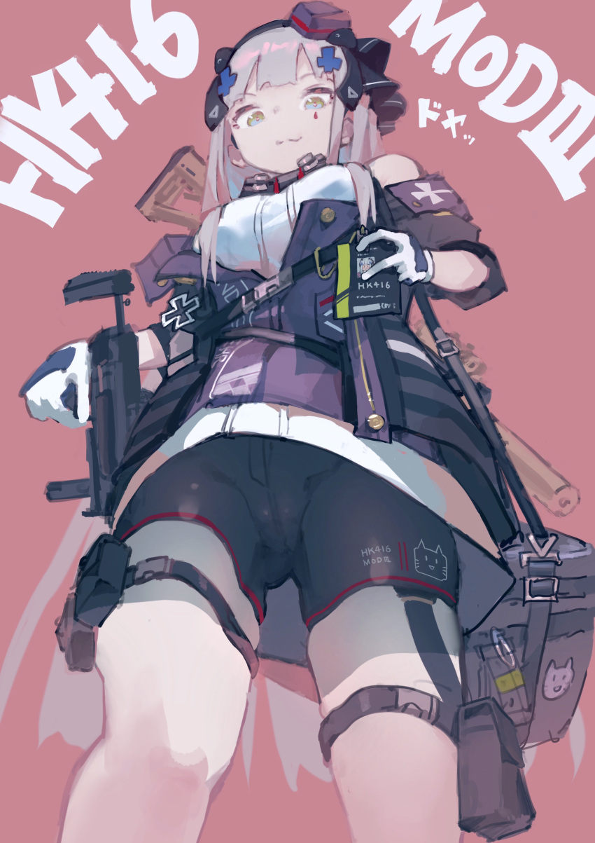 1girl aamond absurdres assault_rifle bag bike_shorts breasts character_name commentary_request facial_mark from_below girls_frontline gloves green_eyes gun h&amp;k_hk416 hair_ornament hat highres hk416_(girls_frontline) holding holding_gun holding_weapon id_card jacket large_breasts long_hair looking_at_viewer mod3_(girls_frontline) open_clothes open_jacket red_background rifle silver_hair solo thigh_pouch thigh_strap weapon white_gloves