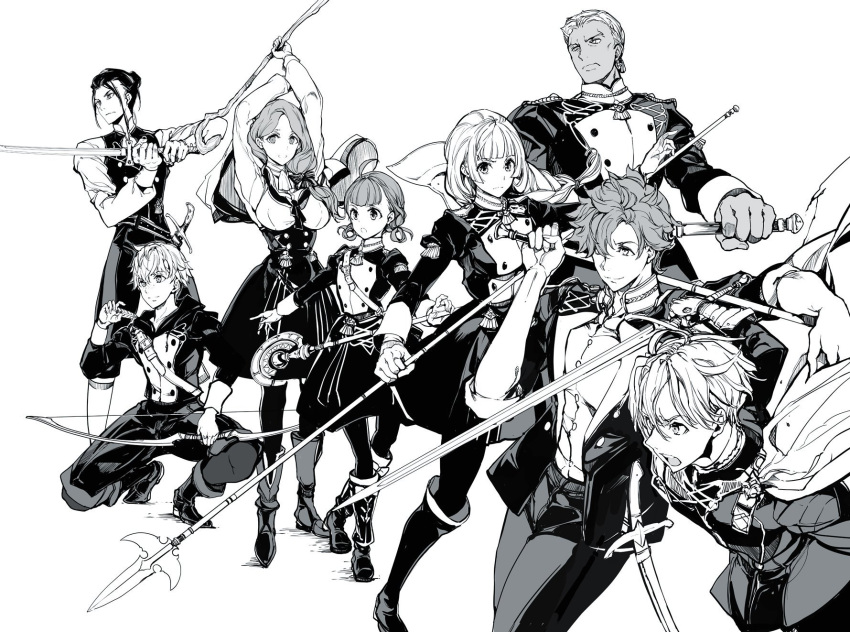 3girls 5boys annette_fantine_dominique arms_up ashe_duran boots bow_(weapon) cape closed_mouth dark_skin dark_skinned_male dedue_molinaro dimitri_alexandre_bladud endou_okito felix_hugo_fraldarius fire_emblem fire_emblem:_three_houses greyscale highres holding holding_bow_(weapon) holding_staff holding_sword holding_weapon ingrid_brandol_galatea long_hair long_sleeves mercedes_von_marltritz monochrome multiple_boys multiple_girls open_mouth polearm short_hair short_sleeves simple_background squatting staff sword sylvain_jose_gautier twintails uniform weapon white_background