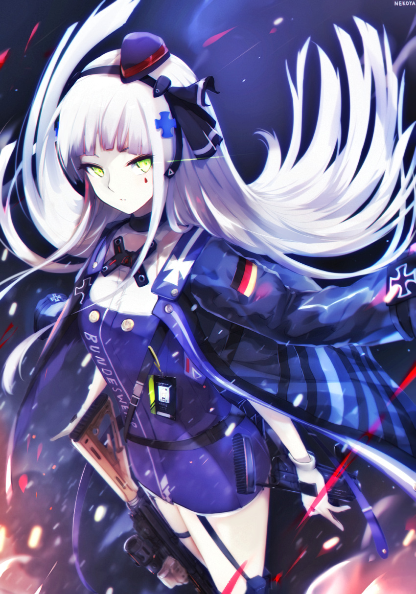 1girl assault_rifle bangs black_hairband black_jacket black_ribbon breasts closed_mouth commentary_request dress dyolf eyebrows_behind_hair facial_mark floating_hair garrison_cap girls_frontline gloves green_eyes gun h&amp;k_hk416 hair_ornament hair_ribbon hairband hat highres hk416_(girls_frontline) iron_cross jacket jacket_on_shoulders long_hair long_sleeves looking_at_viewer mini_hat object_namesake purple_dress purple_headwear ribbon rifle signature small_breasts solo very_long_hair weapon white_gloves white_hair