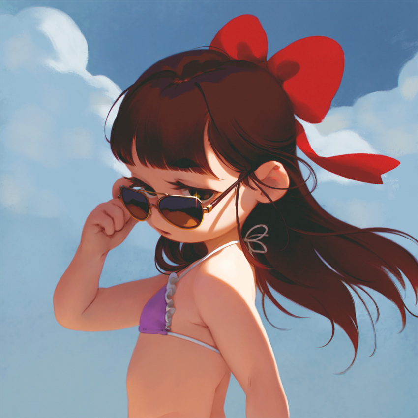 1girl alkemanubis bikini bikini_top bow brown_hair child clouds from_side green_eyes hair_bow highres long_hair looking_to_the_side open_mouth original outdoors purple_bikini_top removing_eyewear ribbon sky solo sunglasses swimsuit upper_body wind