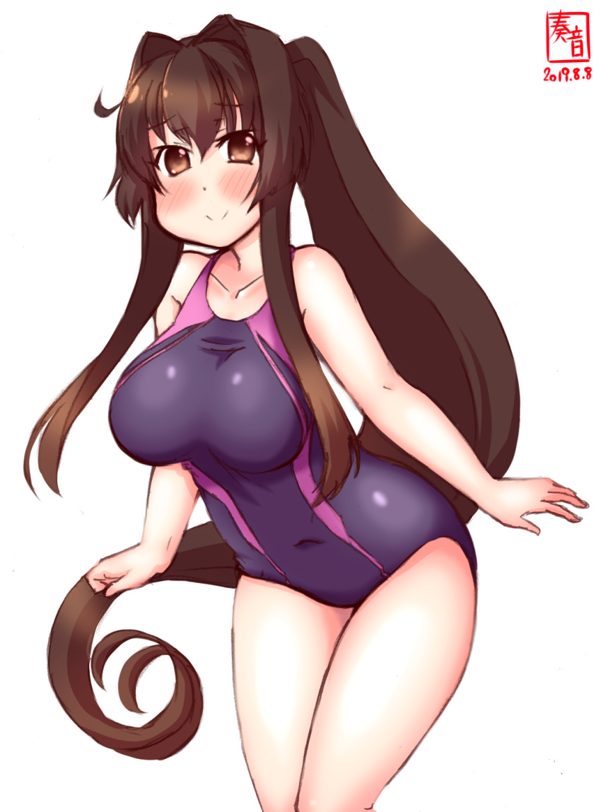 1girl alternate_costume artist_logo blush breasts brown_hair collarbone competition_swimsuit covered_navel cowboy_shot dated eyebrows_visible_through_hair feet_out_of_frame hair_between_eyes highres kanon_(kurogane_knights) kantai_collection large_breasts long_hair looking_at_viewer one-piece_swimsuit pink_swimsuit ponytail purple_swimsuit signature simple_background solo standing swimsuit very_long_hair white_background yamato_(kantai_collection)