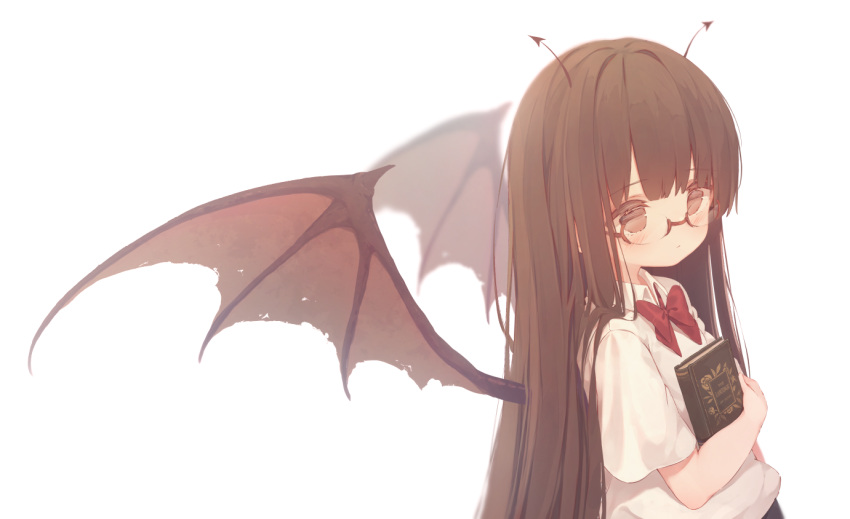 1girl bangs blush book bow bowtie brown_eyes brown_hair brown_wings closed_mouth collared_shirt commentary demon_girl demon_horns demon_wings dolphro-kun eyebrows_visible_through_hair glasses horns long_hair looking_at_viewer object_hug original red-framed_eyewear red_neckwear shirt short_sleeves simple_background solo symbol_commentary upper_body very_long_hair white_background white_shirt wings