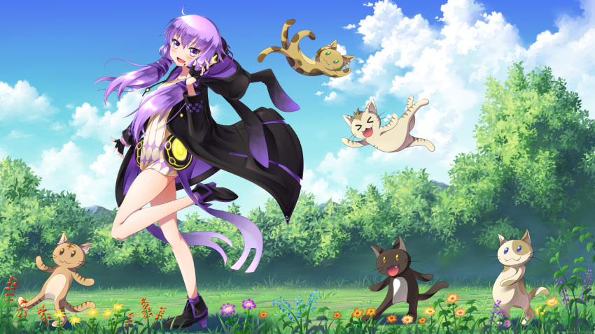 &gt;_&lt; 1girl animal_hood black_gloves blue_eyes blue_sky brown_eyes bunny_hood cat clouds cloudy_sky commentary day dress falling field fingerless_gloves flower forest full_body gloves green_eyes headset highres hood hoodie leg_up looking_at_viewer myungsoolim nature outdoors purple_hair shadow shoes short_hair_with_long_locks sidelocks sky smile strapless strapless_dress tube_dress violet_eyes vocaloid voiceroid walking yuzuki_yukari yuzuki_yukari_(lin)