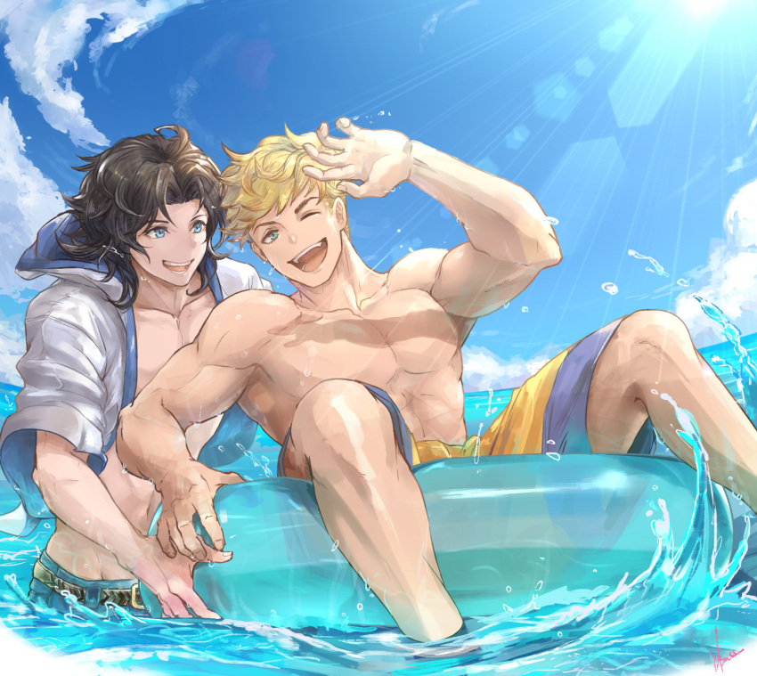 2boys ;d afloat ahoge arm_up belt black_hair blonde_hair blue_eyes blue_sky cardigan chest collarbone day elsass granblue_fantasy highres hood hood_down innertube lancelot_(granblue_fantasy) looking_at_another looking_at_viewer male_focus male_swimwear medium_hair multiple_boys muscle navel no_nipples ocean one_eye_closed open_cardigan open_clothes open_mouth outdoors pectorals shirtless short_hair sitting sky smile splashing standing stomach summer swim_trunks swimwear vane_(granblue_fantasy) water