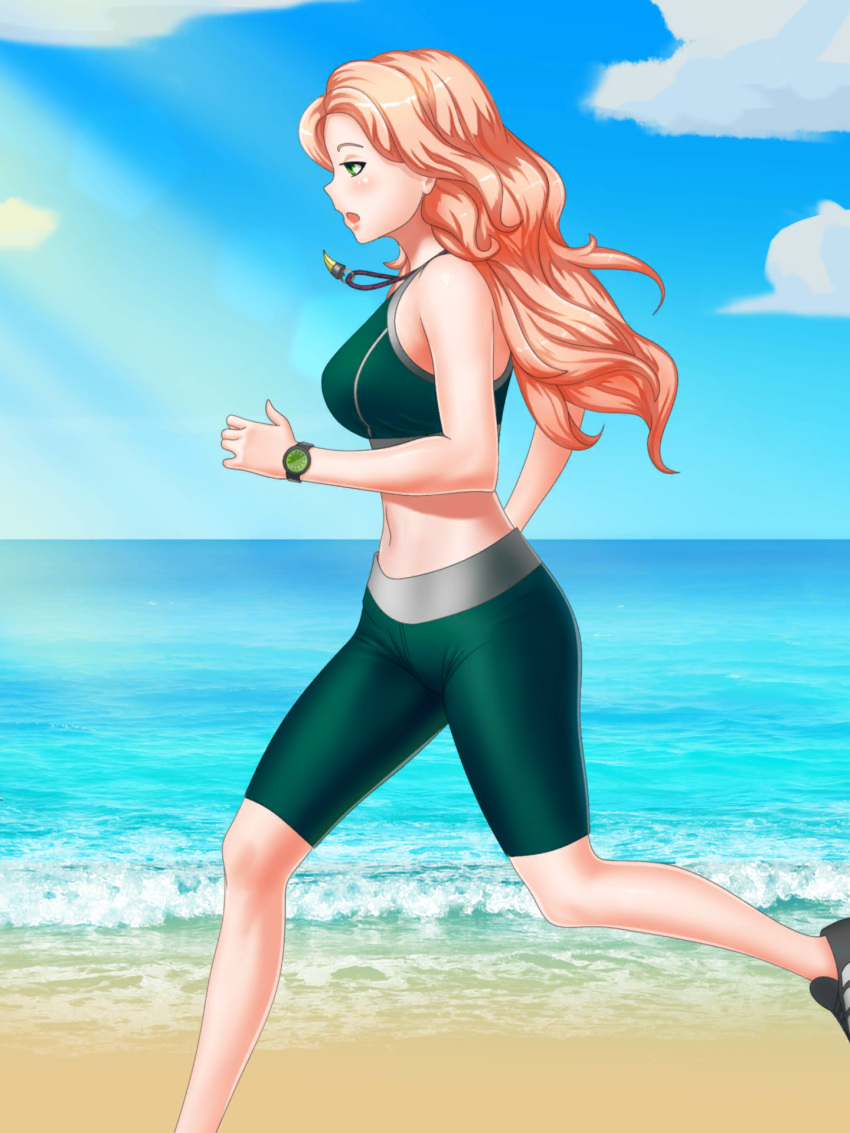 1girl abs artist_request beach bike_shorts black_footwear blonde_hair bra breasts date_crush_stories fang fang_necklace game_cg green_eyes highres jewelry kayla_(date_crush_stories) long_hair medium_breasts midriff navel necklace ocean open_mouth outdoors pendant running shoes short_shorts shorts solo sports_bra sportswear stomach underwear watch waves