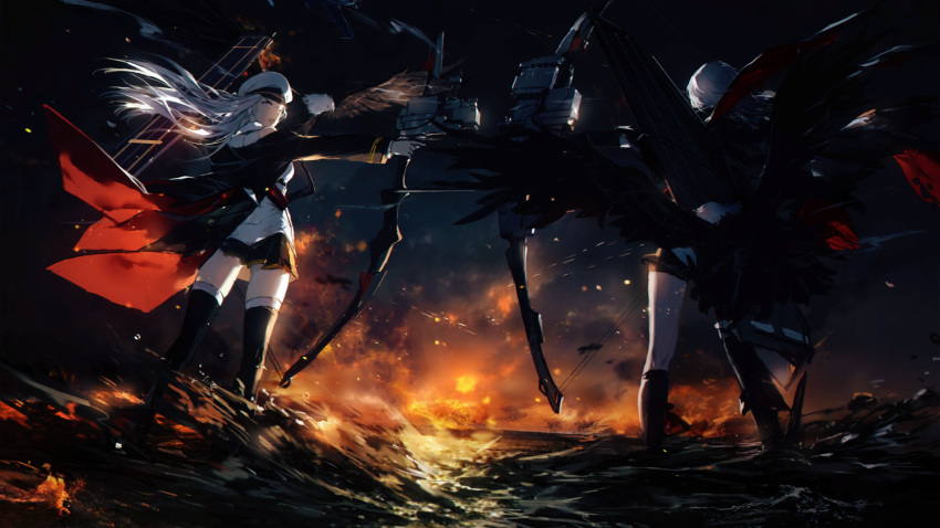 2girls animal azur_lane bald_eagle bare_shoulders bird black_coat black_footwear black_skirt boots bow_(weapon) coat code_g_(azur_lane) drawing_bow eagle enterprise_(azur_lane) fire flight_deck floating_hair gloves hat highres holding holding_bow_(weapon) holding_weapon knee_boots long_hair long_sleeves looking_at_another military_hat miniskirt multiple_girls night off_shoulder official_art open_clothes open_coat open_mouth peaked_cap pleated_skirt shirt silver_hair skirt sleeveless sleeveless_shirt spoilers standing standing_on_liquid swd3e2 thigh-highs thigh_boots violet_eyes weapon white_gloves white_shirt zettai_ryouiki