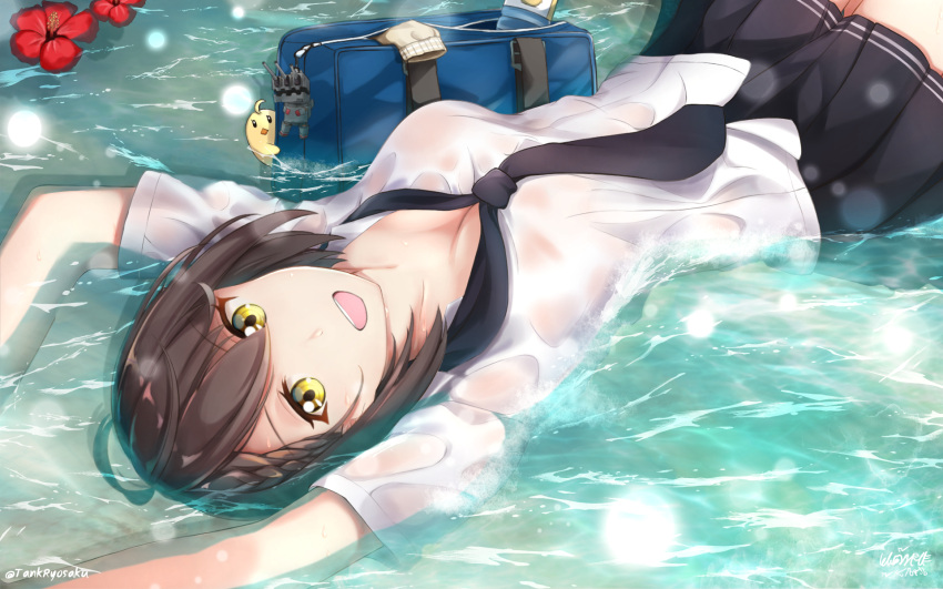 1girl azur_lane bag baltimore_(after-school_ace)_(azur_lane) baltimore_(azur_lane) braid brown_hair flower highres manjuu_(azur_lane) necktie partially_submerged pleated_skirt school_bag school_uniform short_hair skirt smile solo summer tank_ryousaku wet wet_clothes yellow_eyes