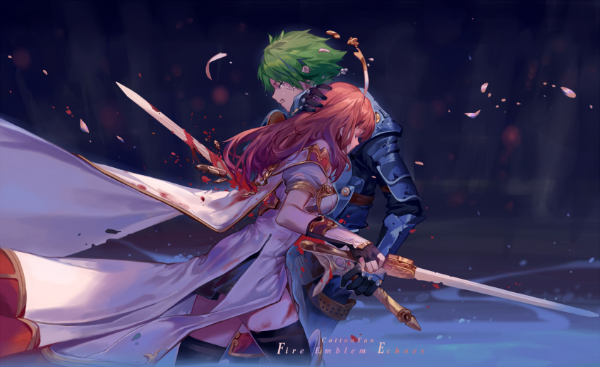 1boy 1girl alm_(fire_emblem) armor artist_name blood blood_on_face bloody_clothes cape celica_(fire_emblem) closed_eyes cotton fingerless_gloves fire_emblem fire_emblem_echoes:_shadows_of_valentia gauntlets gloves green_hair headband highres holding holding_sword holding_weapon impaled injury long_hair redhead shoulder_armor spoilers stabbed stabbing sword tears tiara weapon