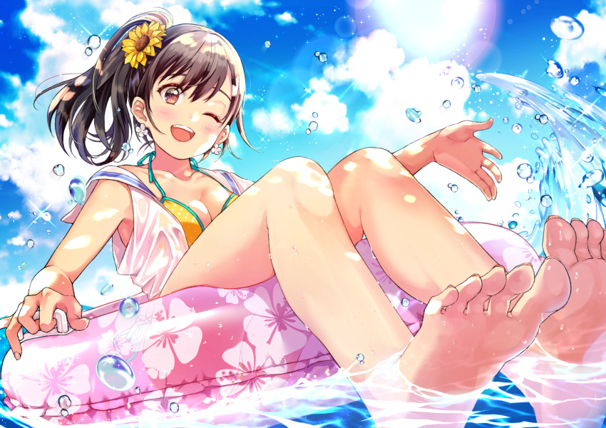 1girl ;d bare_arms bare_legs bare_shoulders barefoot bikini black_hair blue_sky brown_eyes clouds cloudy_sky day earrings floral_print flower hair_flower hair_ornament halter_top halterneck highres innertube jewelry long_hair looking_at_viewer matsuzaki_miyuki one_eye_closed open_clothes open_mouth open_shirt original outdoors shirt side_ponytail sidelocks sky sleeveless sleeveless_shirt smile solo sparkle sun sunflower sunlight swimsuit thighs water wet wet_clothes wet_shirt white_shirt yellow_bikini yellow_flower