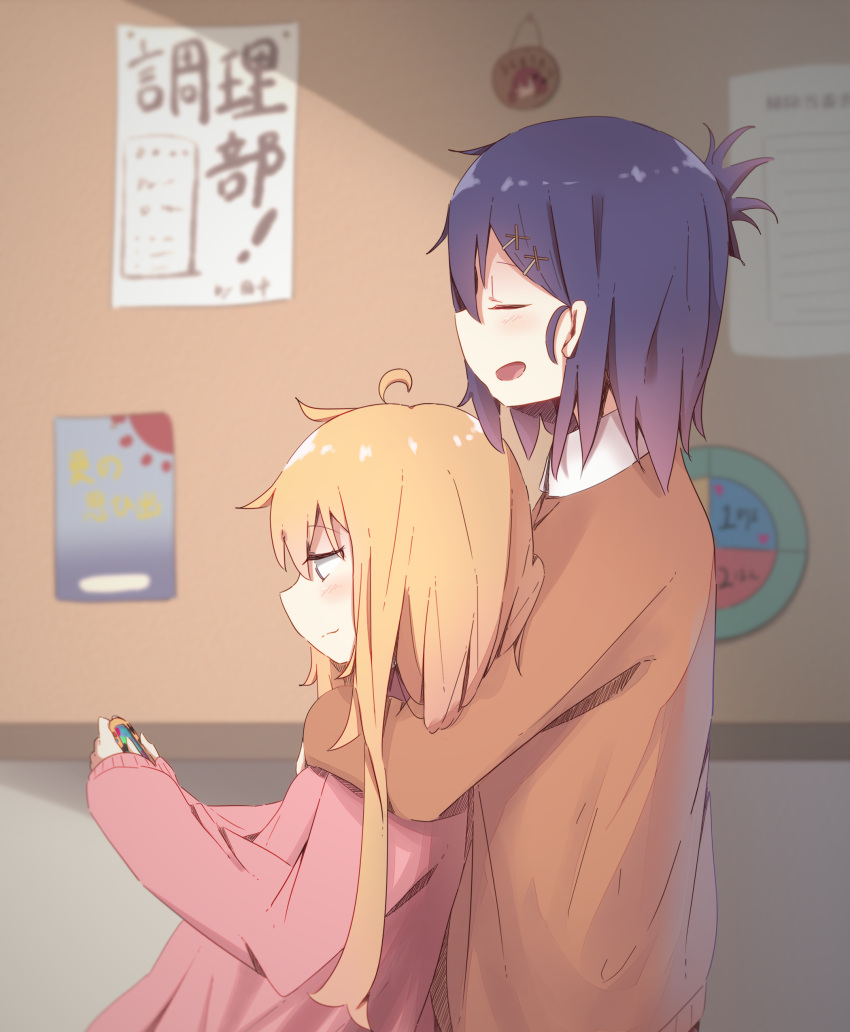absurdres ahoge blonde_hair blush brown_cardigan bulletin_board closed_eyes closed_mouth commentary_request eyebrows_visible_through_hair from_side gabriel_dropout hair_between_eyes hair_ornament handheld_game_console highres holding hug hug_from_behind light_smile long_hair open_mouth piyomi playing_games profile purple_hair school_uniform sleeves_past_wrists tenma_gabriel_white tsukinose_vignette_april very_long_hair violet_eyes x_hair_ornament