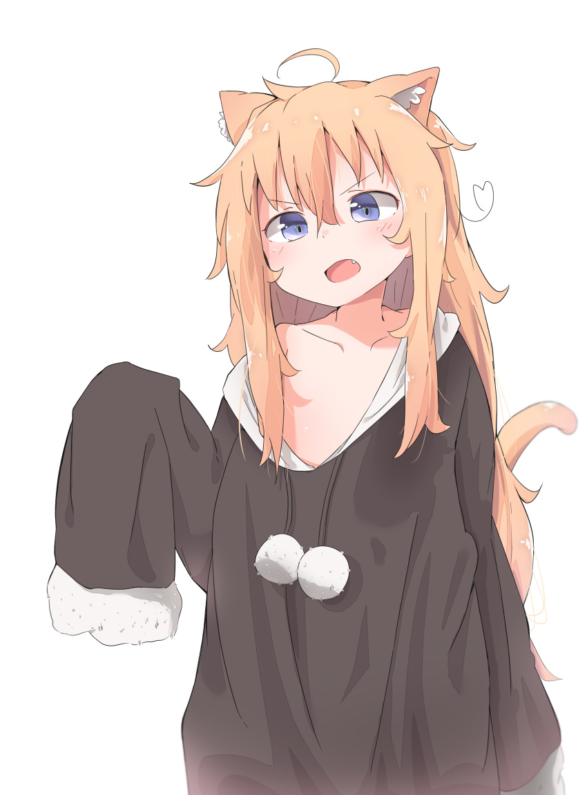 1girl ahoge animal_ears arm_at_side blonde_hair blue_eyes blush cat_ears cat_tail collarbone commentary_request eyebrows_visible_through_hair fang gabriel_dropout hair_between_eyes highres kemonomimi_mode long_hair looking_at_viewer messy_hair open_mouth piyomi simple_background sleeves_past_fingers sleeves_past_wrists solo tail tenma_gabriel_white v-shaped_eyebrows very_long_hair white_background