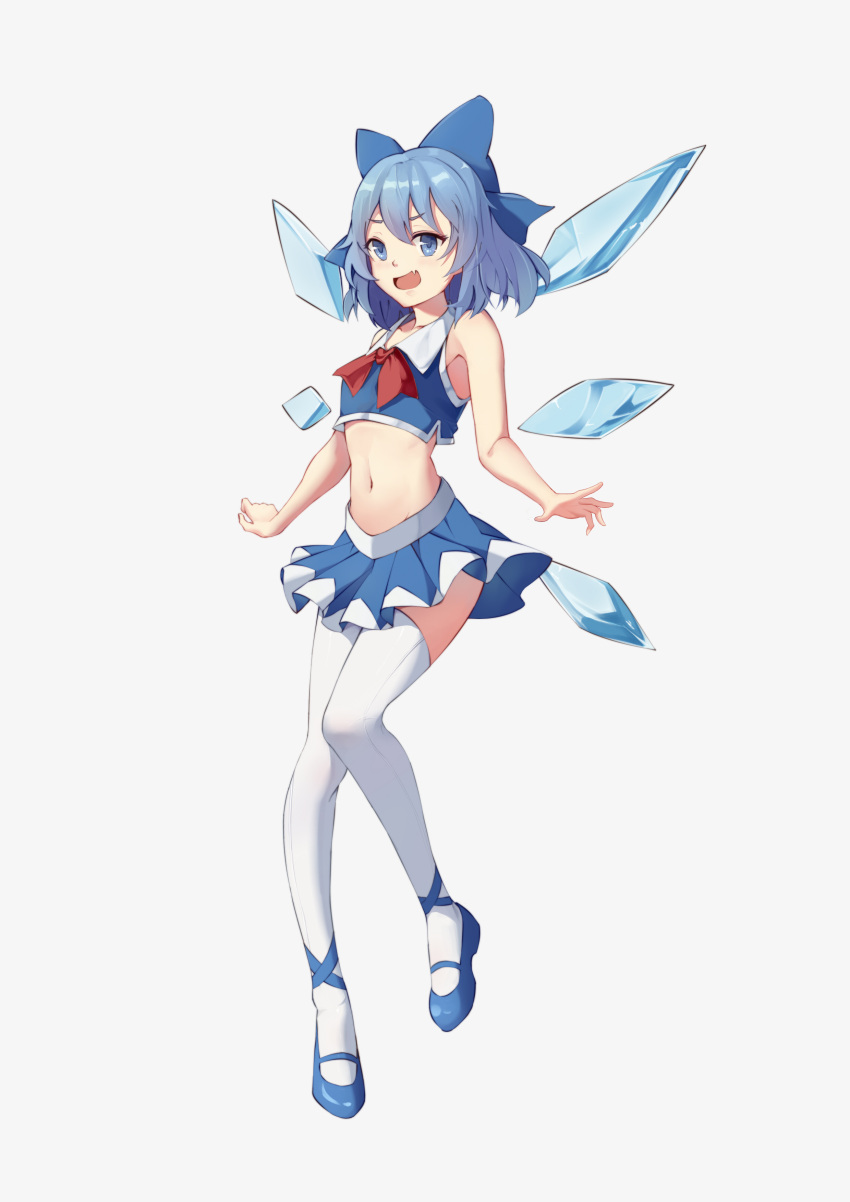 1girl :d absurdres adapted_costume bangs bare_arms bare_shoulders blue_bow blue_eyes blue_footwear blue_hair blue_shirt blue_skirt blush bow bowtie chinese_commentary cirno commentary_request crop_top fang full_body grey_background hair_bow heida_zhu highres ice ice_wings looking_at_viewer mary_janes midriff miniskirt navel open_mouth pleated_skirt red_bow red_neckwear shirt shoes short_hair simple_background skirt skirt_set sleeveless sleeveless_shirt smile solo stomach thigh-highs thighs touhou white_legwear wings