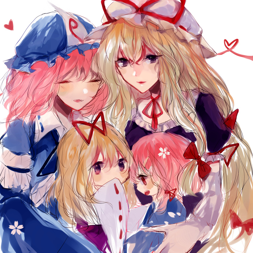 4girls :d arm_garter bangs blonde_hair blue_dress blue_headwear blush bow choker closed_eyes dress elbow_gloves gloves hair_between_eyes hair_bow hair_ribbon hat hat_ribbon heart heart_of_string highres hu_su if_they_mated long_hair long_sleeves looking_at_viewer mob_cap mother_and_daughter multiple_girls open_mouth parted_lips pink_hair profile purple_dress red_bow red_choker red_ribbon ribbon ribbon-trimmed_collar ribbon-trimmed_sleeves ribbon_choker ribbon_trim saigyouji_yuyuko short_hair simple_background smile touhou triangular_headpiece upper_body very_long_hair violet_eyes white_background white_gloves white_headwear wide_sleeves wife_and_wife yakumo_yukari yuri