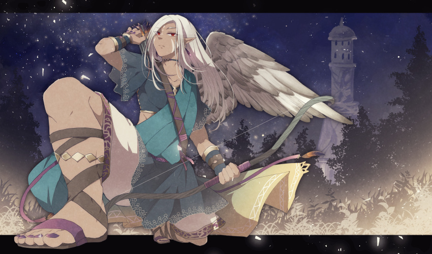 androgynous arrow bow_(weapon) bracer dark_skin facial_mark foreshortening full_body hayakawaseli highres holding holding_bow_(weapon) holding_weapon night night_sky original purple_nails quiver red_eyes sky solo tower weapon white_hair wings