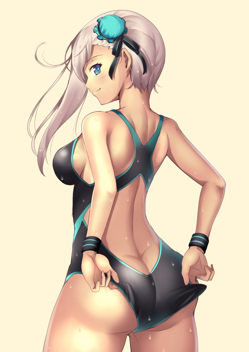 1girl adjusting_clothes adjusting_swimsuit ass back bangs beige_background black_swimsuit blue_eyes breasts bun_cover butt_crack closed_mouth competition_swimsuit cowboy_shot fate/grand_order fate_(series) from_behind hair_bun highleg highleg_swimsuit highres large_breasts long_hair looking_back mishiro0229 miyamoto_musashi_(swimsuit_berserker)_(fate) one-piece_swimsuit pink_hair simple_background solo sweat swept_bangs swimsuit
