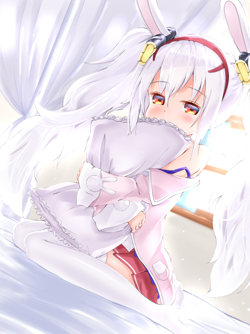 1girl animal_ears azur_lane commentary_request covered_mouth curtains fake_animal_ears highres hug jacket knees_together_feet_apart laffey_(azur_lane) long_hair nissi object_hug off_shoulder pillow pillow_hug pink_jacket purple_pillow rabbit_ears red_eyes red_skirt silver_hair sitting skirt solo strap_slip tank_top thigh-highs twintails very_long_hair white_legwear white_tank_top window